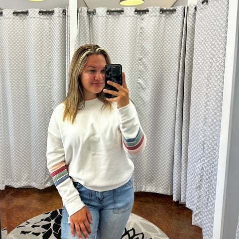 Ivory Crewneck Sweatshirt with Stripe Sleeves