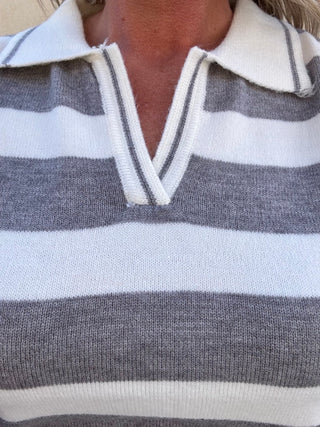 Grey Striped Collared Short Sleeve Sweater