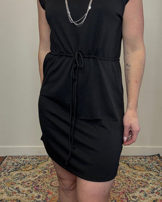 Black Drawstring Waist Terry Dress