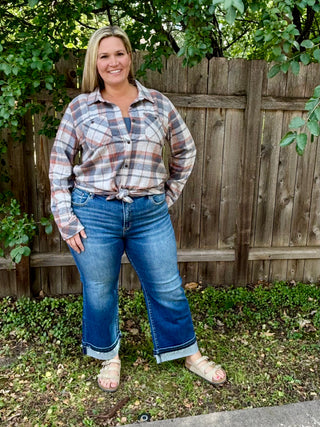 Blue, Blush, Tan Stretch Plaid Button Up