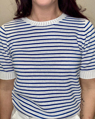 Navy Pointelle Striped Short Sleeve Sweater