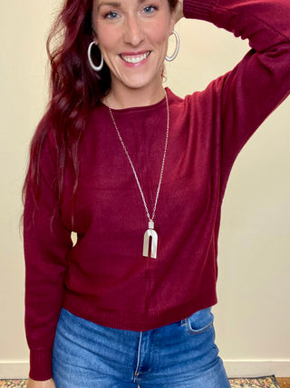 Dark Burgundy Front Seam Round-Neck Sweater