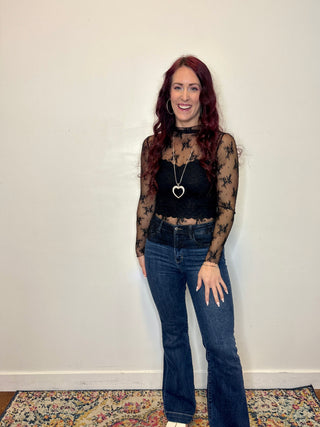 Black Long Sleeve Sheer Lace Top