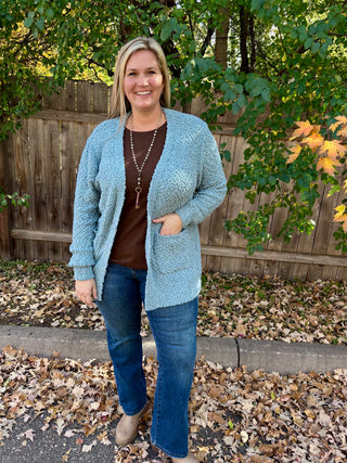Blue Grey Long Sleeve Popcorn Sweater Cardigan with Pockets