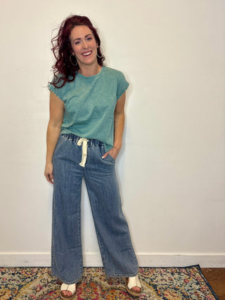 Wide Leg Denim Drawstring Pants