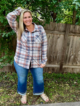 Blue, Blush, Tan Stretch Plaid Button Up