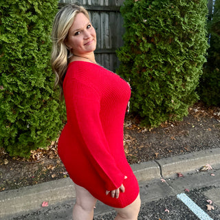 Red V-Neck Sweater Dress