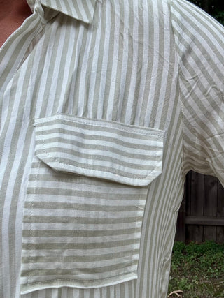 Light Olive Striped Collard Light Weight Button Down Top