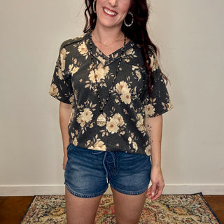 Charcoal Floral Ribbed Top