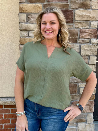 Olive Woven Airflow Short Sleeve Split Neck Top