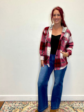 Cabernet Plaid Hooded Fleece Shacket
