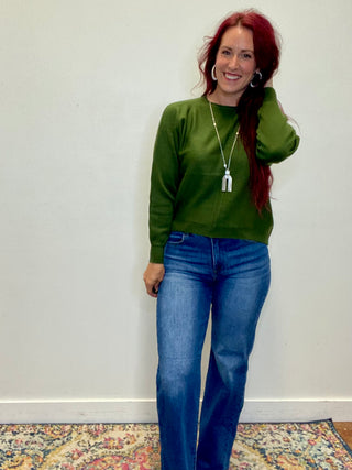 Army Green Front Seam Round-Neck Sweater