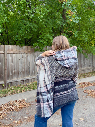 Black, Cream, Blush Plaid Hooded Poncho