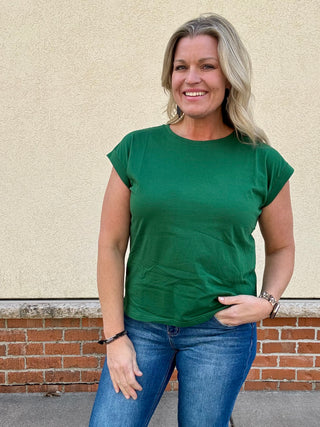Dark Green Round Neck Folded Sleeve Tee