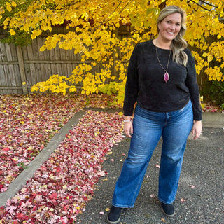 Black Round Neck Waffle Knit Sweater