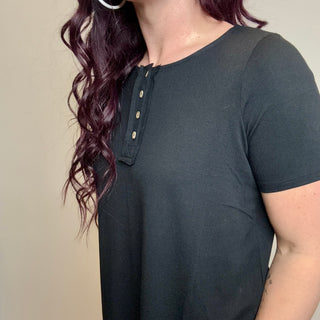 Black Short Sleeve Quarter Button Top