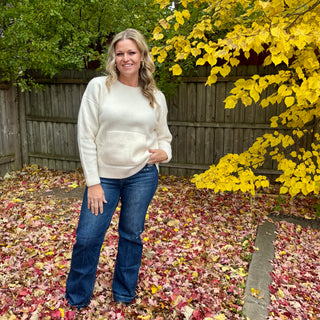 Ivory Crew Neck Sweater with Kangaroo Pocket
