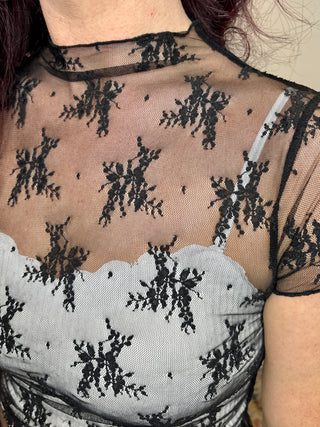 Black Short Sleeve Sheer Lace Top