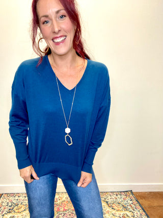 Navy V-Neck Wool Blend Sweater