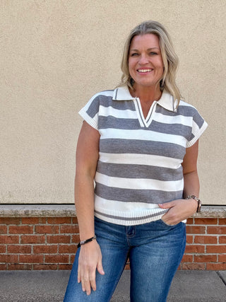 Grey Striped Collared Short Sleeve Sweater