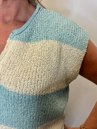 Split Neck Sleeveless Stripe Sweater