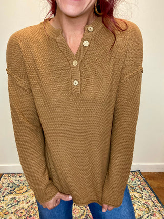 Deep Camel 4 Button Henley Sweater
