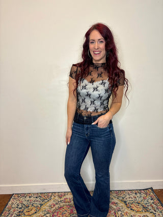 Black Short Sleeve Sheer Lace Top