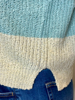Split Neck Sleeveless Stripe Sweater