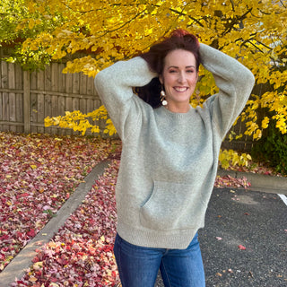 Moss Olive Crew Neck Sweater with Kangaroo Pocket