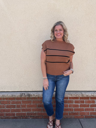 Camel Striped Button Up Sweater Vest