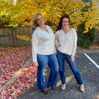 Cream Hooded V-Neck Long Sleeve