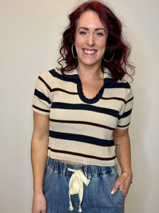 Navy Striped Collared Short Sleeve Cropped Sweater