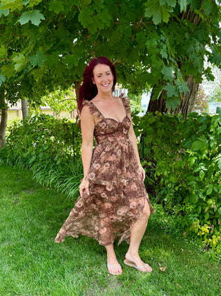 Floral Chiffon Ruffle Tiered Corset Midi Dress