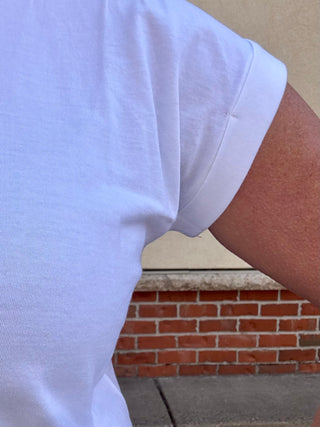 White Round Neck Folded Sleeve Tee