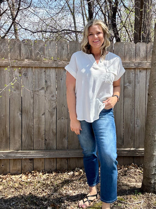 Split Neck Short Sleeve with Back Buttons