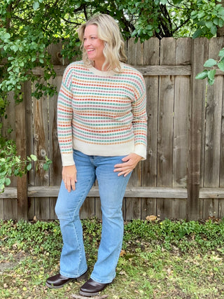 Crewneck Multi Color Textured Striped Long Sleeve Sweater