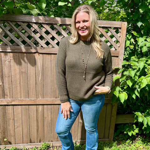 Olive Long Sleeve Round Neck Waffle Knit Sweater