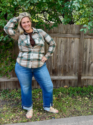 Cream, Tan, Green Stretch Plaid Button Up