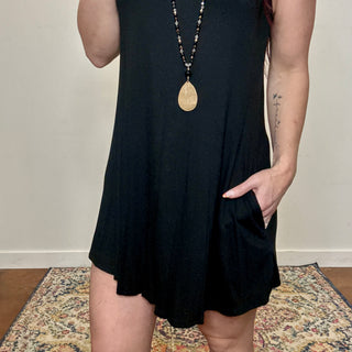 Black Sleeveless Dress with Button Details
