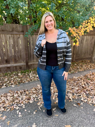 Charcoal Striped Button Down Hooded Cardigan