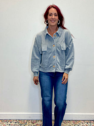 Gray Acid Washed Fleece Shacket with Front Pockets