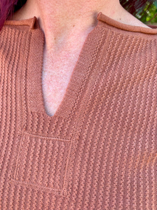 Rust Textured Split Neck Long Sleeve Top