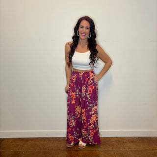Plum Floral Print Wide Leg Pants