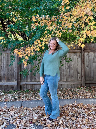 Dark Sage Textured V-Neck Pullover Sweater