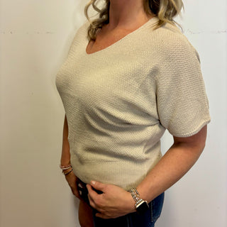 Sand Beige Short Sleeve V-Neck Dolman