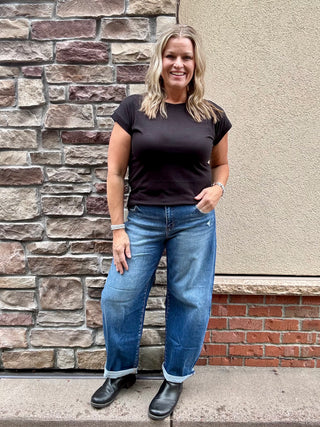 Risen Mid Rise Barrel Double Roll Up Stretch Jeans