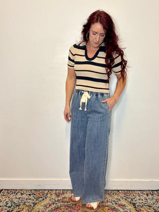 Navy Striped Collared Short Sleeve Cropped Sweater
