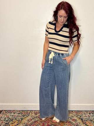 Navy Striped Collared Short Sleeve Cropped Sweater