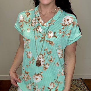 Mint Floral Ribbed Top