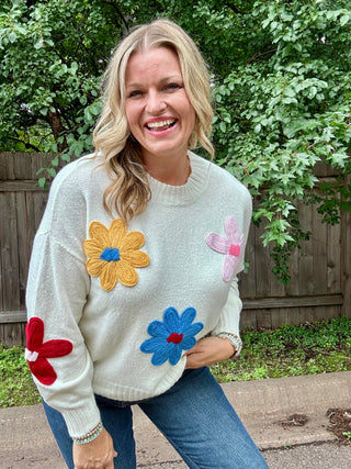 Cream Knit Sweater with Multi Color Crochet Floral